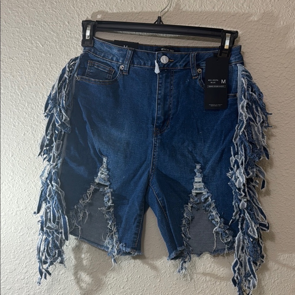 Brand New Blue Distressed Fringe Denim Shorts